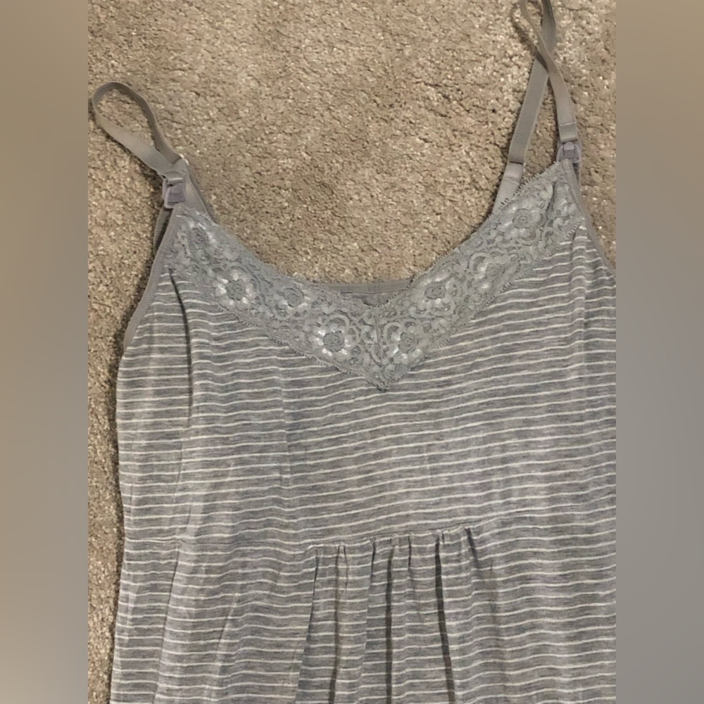 Love by GAP maternity nursing nightgown grey and white stripe lace trim Sz M - Picture 3 of 8
